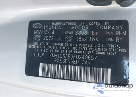 2015 Hyundai Veloster Turbo z USA, uszkodzony, nr VIN KMHTC6AE3FU240657